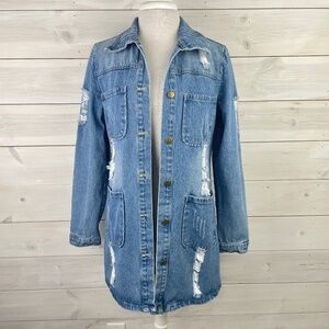 Tanming Distressed Blue Denim Duster Jacket Coat Womens Size Medium